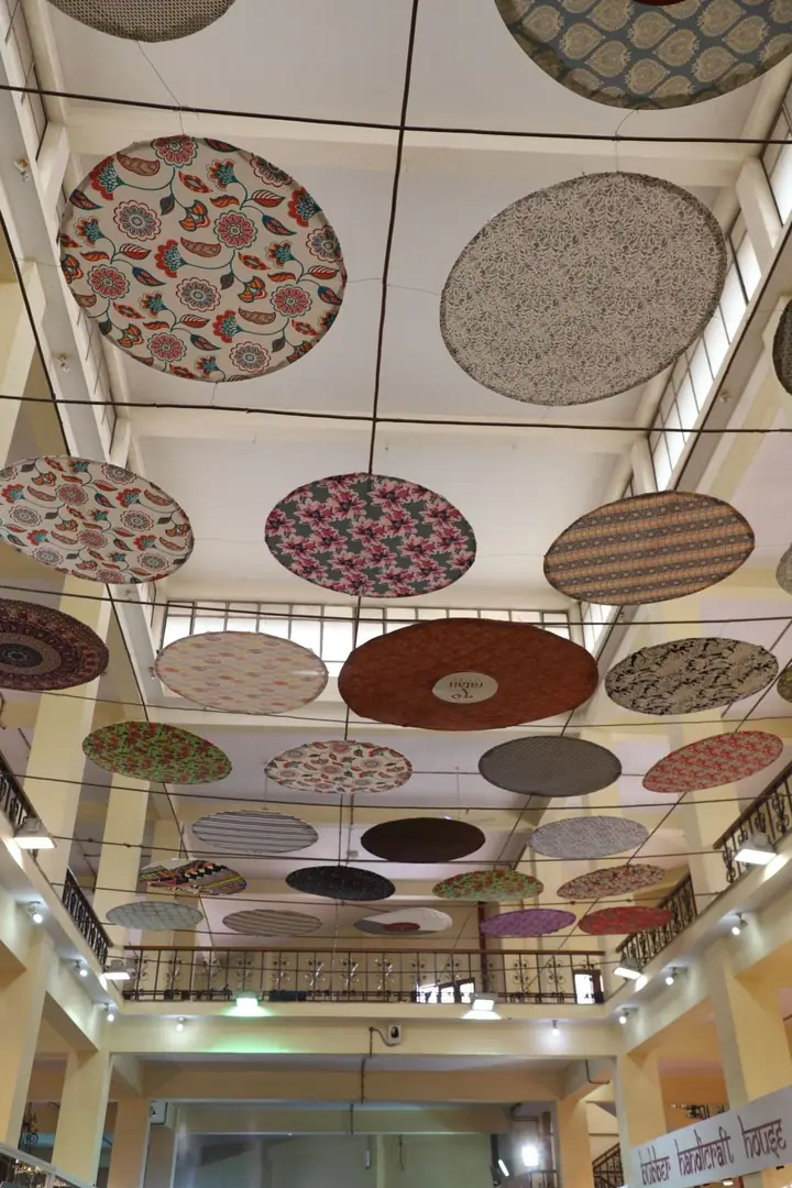 Hanging fabric discs overhead at FORHEX Fair 2019